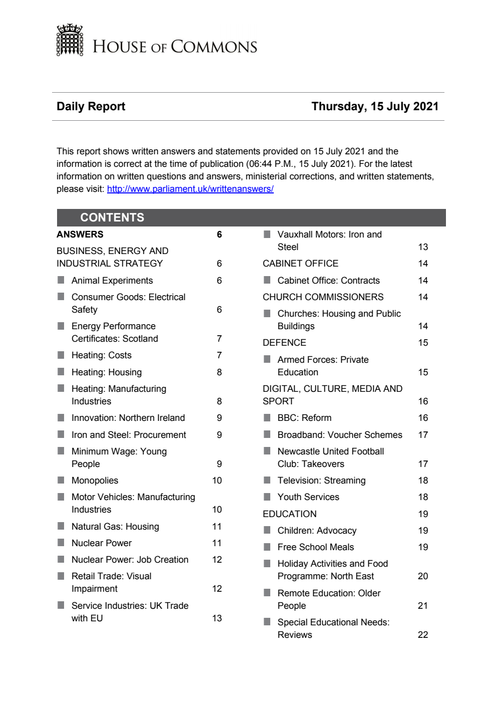 HOC Daily Report Written Statements and Answers 15.07.21