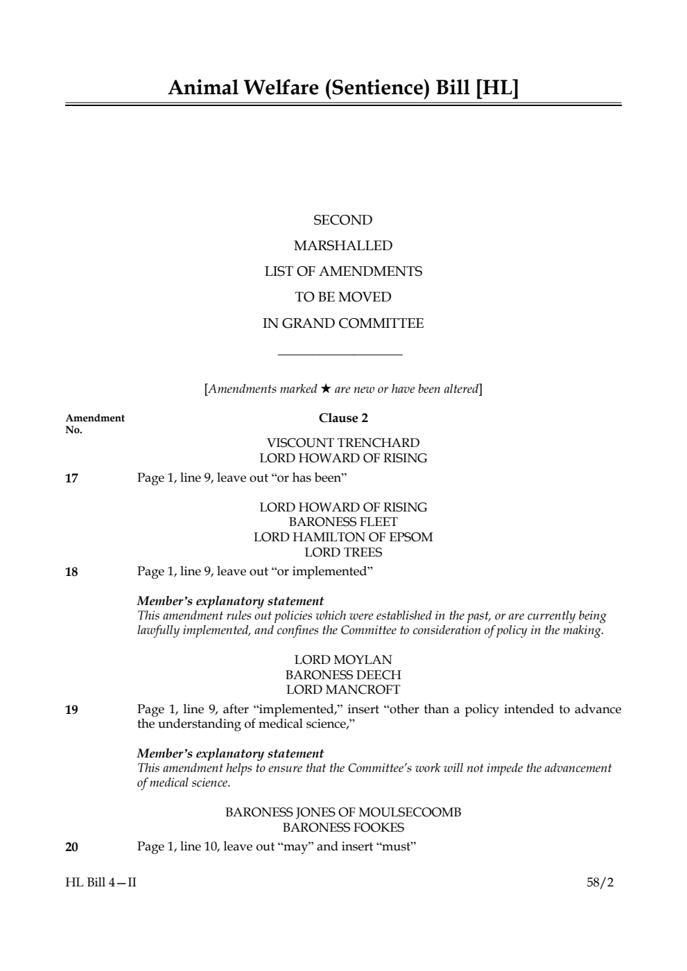 Animal Welfare (Sentience) Bill Second Marshalled List of amendments to be moved in Grand Committee