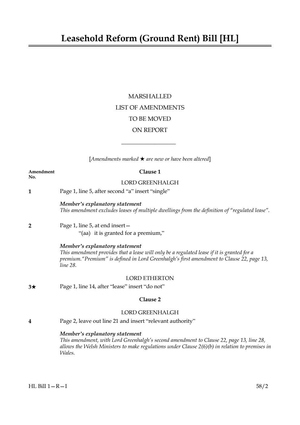 Leasehold Reform (Ground Rent) Bill Marshalled List of amendments to be moved on report