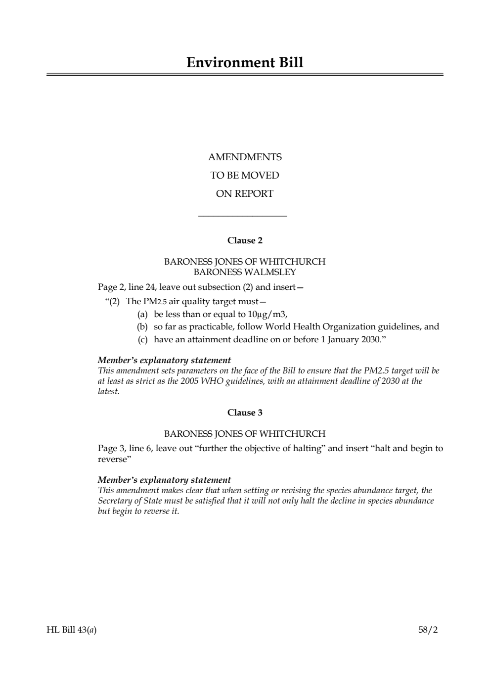 Environment Bill Amendments to be moved on Report