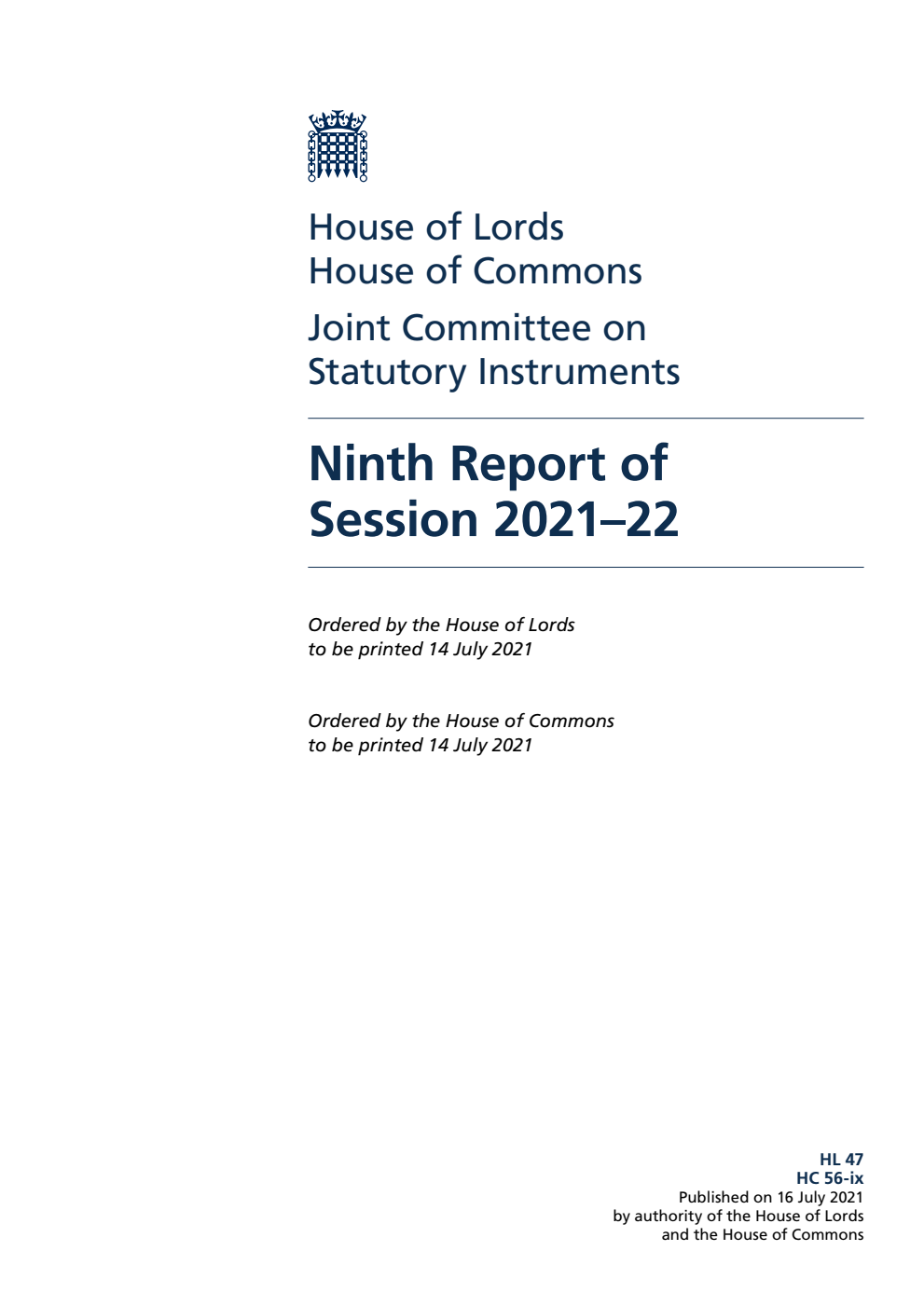 Joint Committee on Statutory Instruments 9th Report of Session 2021-22