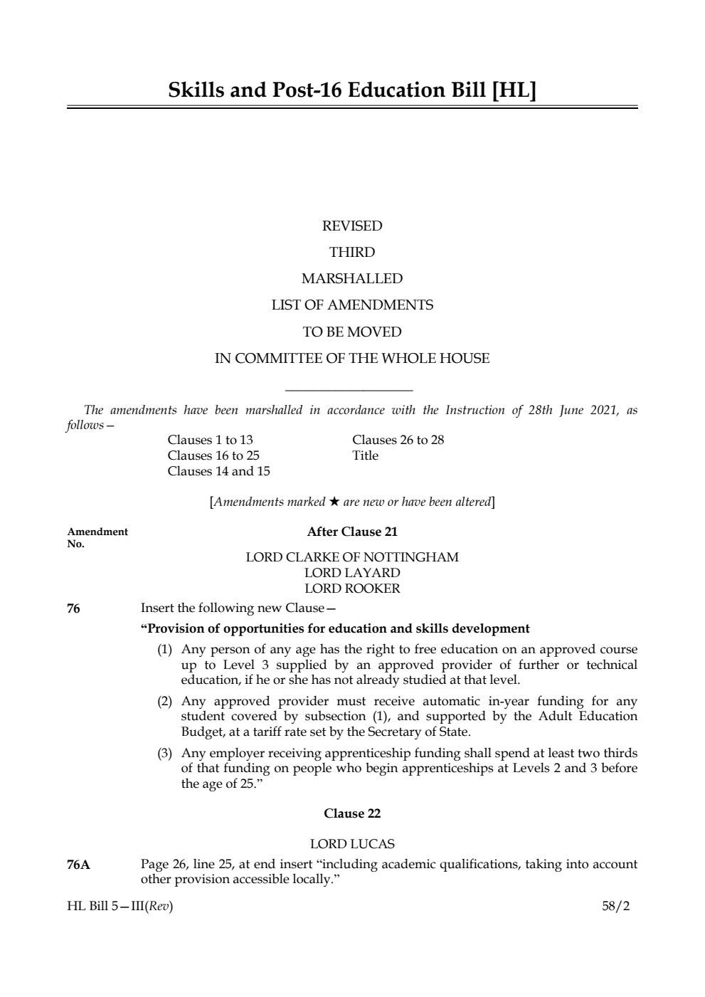 Skills and Post-16 Education Bill Revised Third Marshalled List of Amendments to be moved in Committee of the Whole House