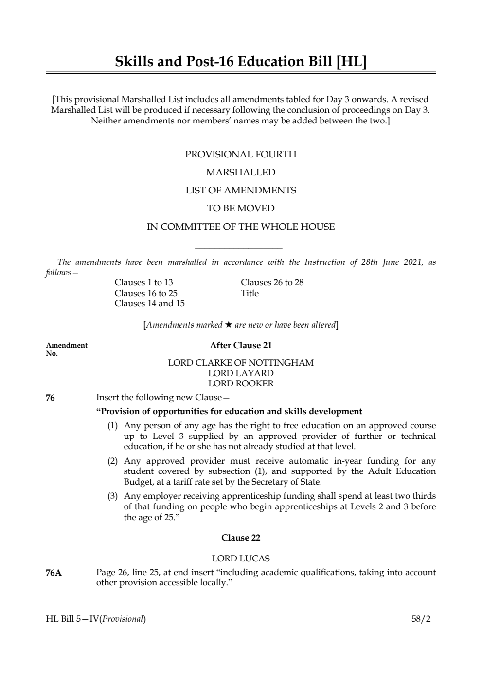 Skills and Post-16 Education Bill Provisional Fourth Marshalled List of Amendments to be moved in Committee of the Whole House