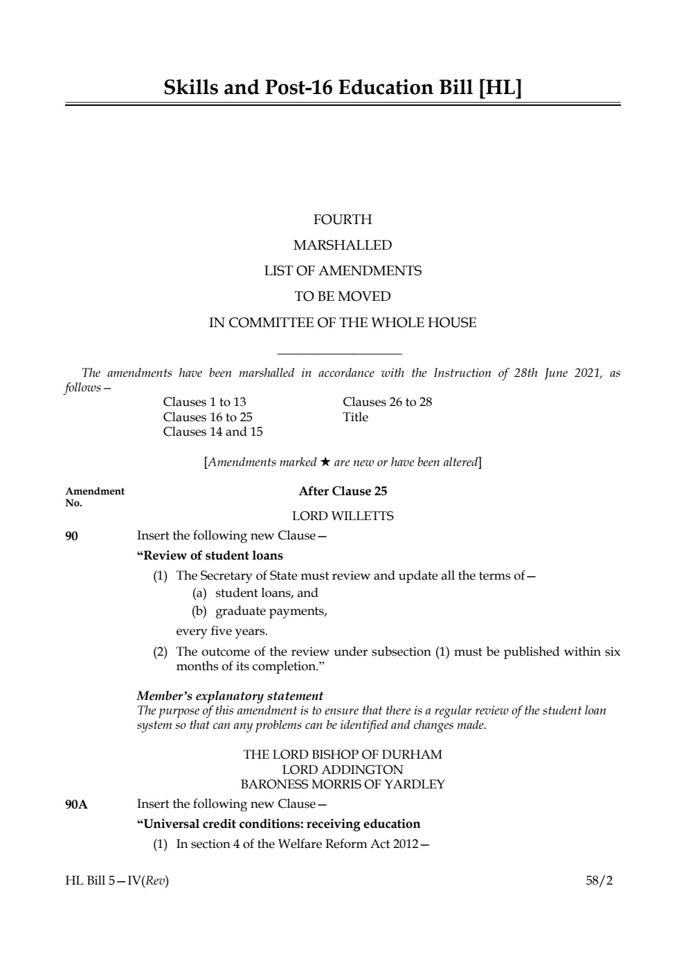 Skills and Post-16 Education Bill Fourth Marshalled List of Amendments to be moved in Committee of the Whole House