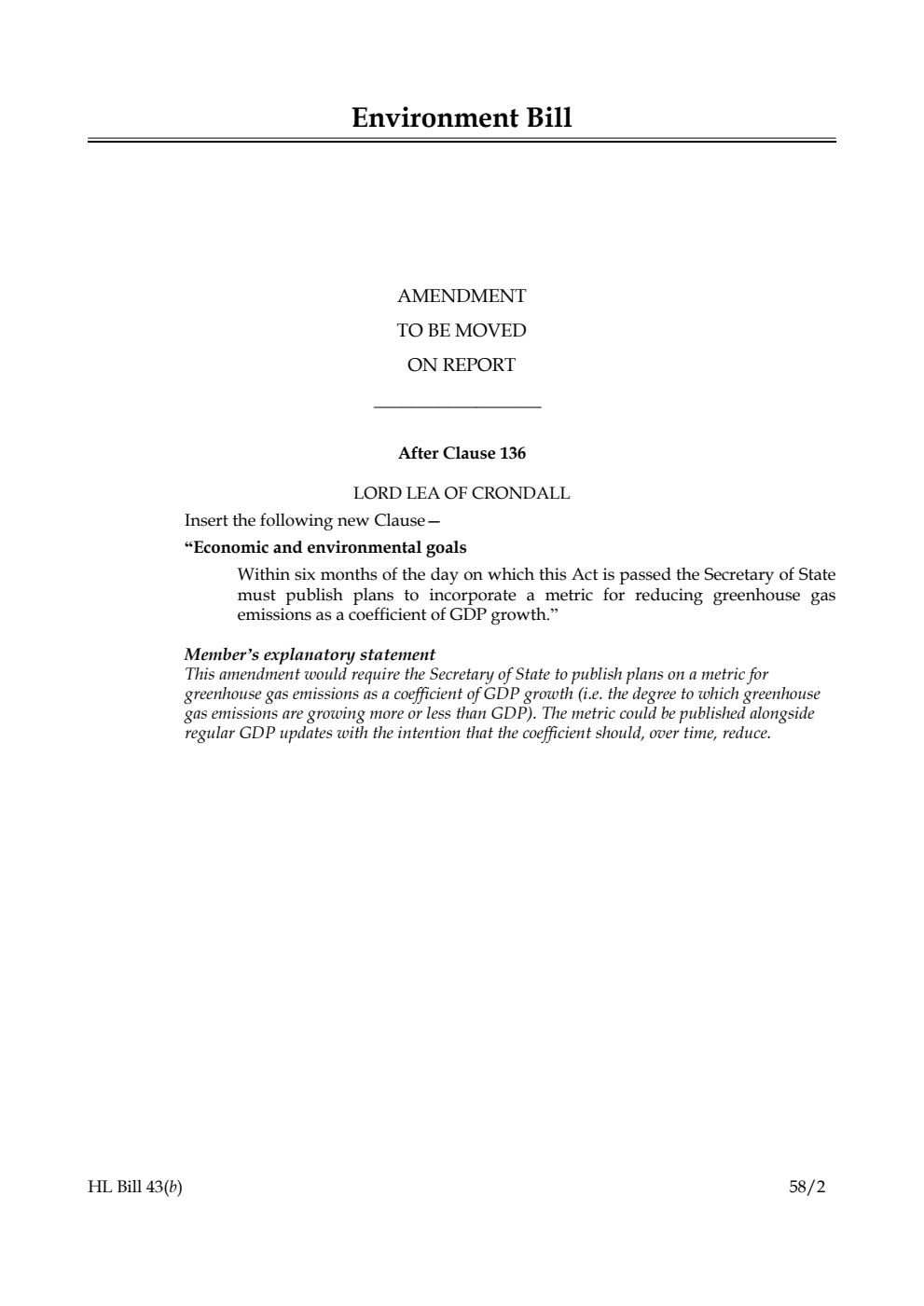 Environment Bill Amendment to be moved on Report