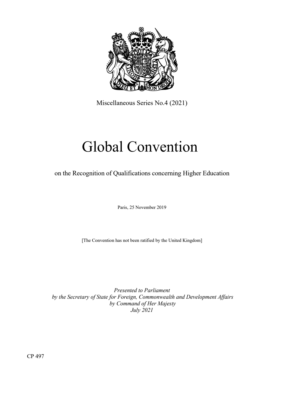 Miscellaneous Series No.4 (2021) Global Convention on the Recognition of Qualifications concerning Higher Education. Paris, 25 November 2019