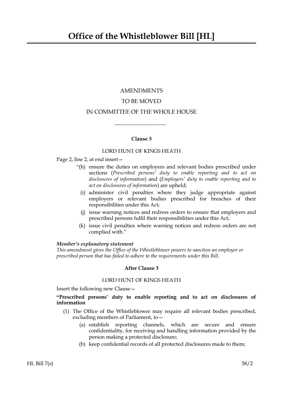 Office of the Whistleblower Bill Amendments to be moved in Committee of the Whole House