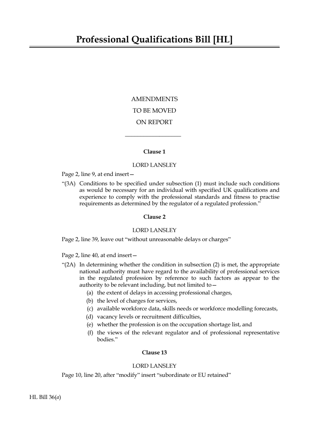 Professional Qualifications Bill Amendments to be moved on Report