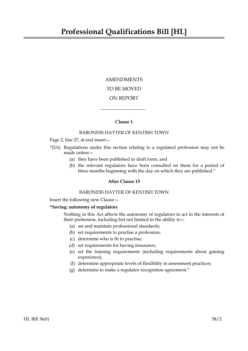 Professional Qualifications Bill Amendments to be moved on Report