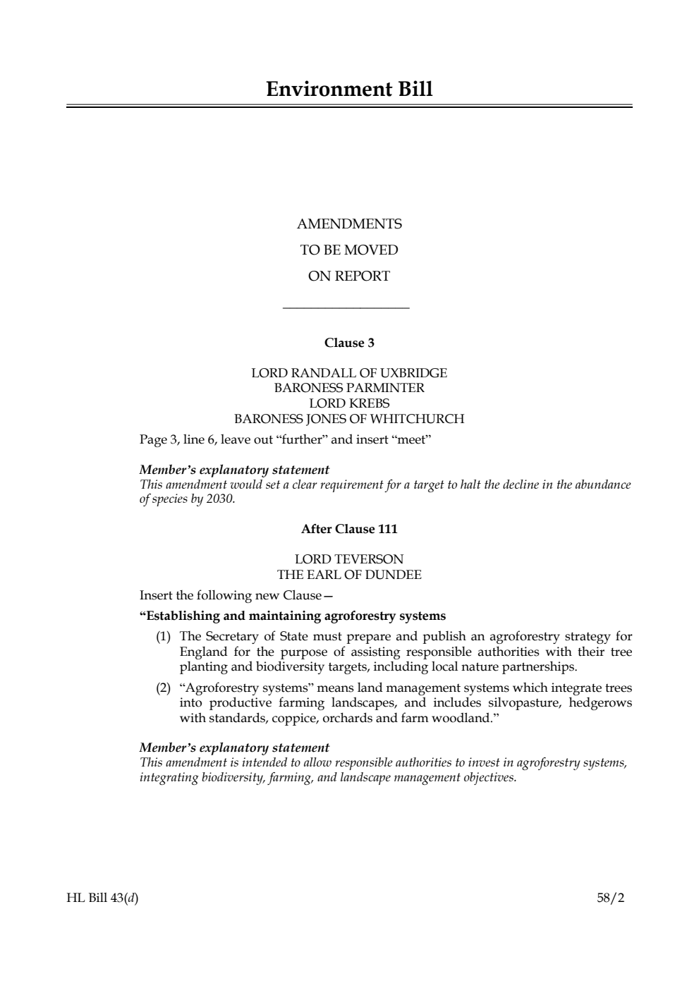 Environment Bill Amendments to be moved on Report