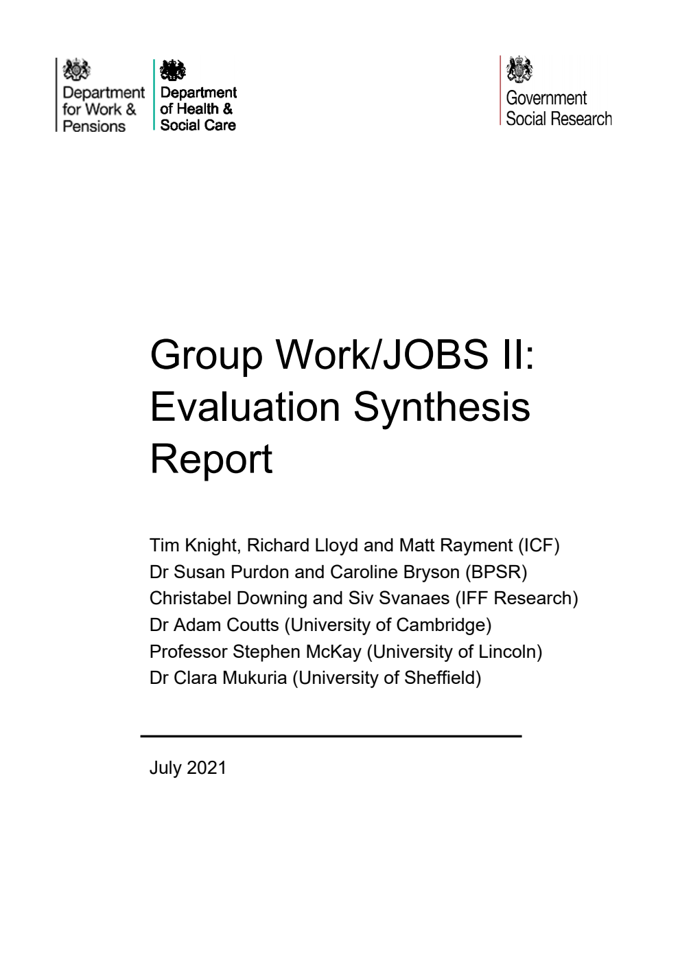 Research Report 991 Group Work/JOBS II: Evaluation Synthesis Report