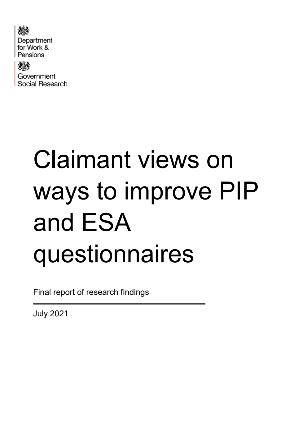 Research Report 1001 Claimant views on ways to improve PIP and ESA questionnaires; Final report of research findings