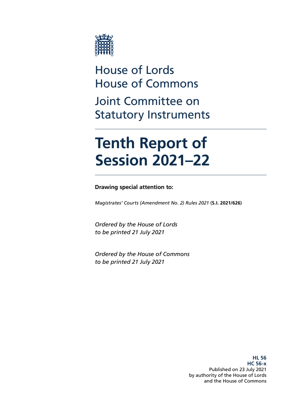 Joint Committee on Statutory Instruments 10th Report of Session 2021-22