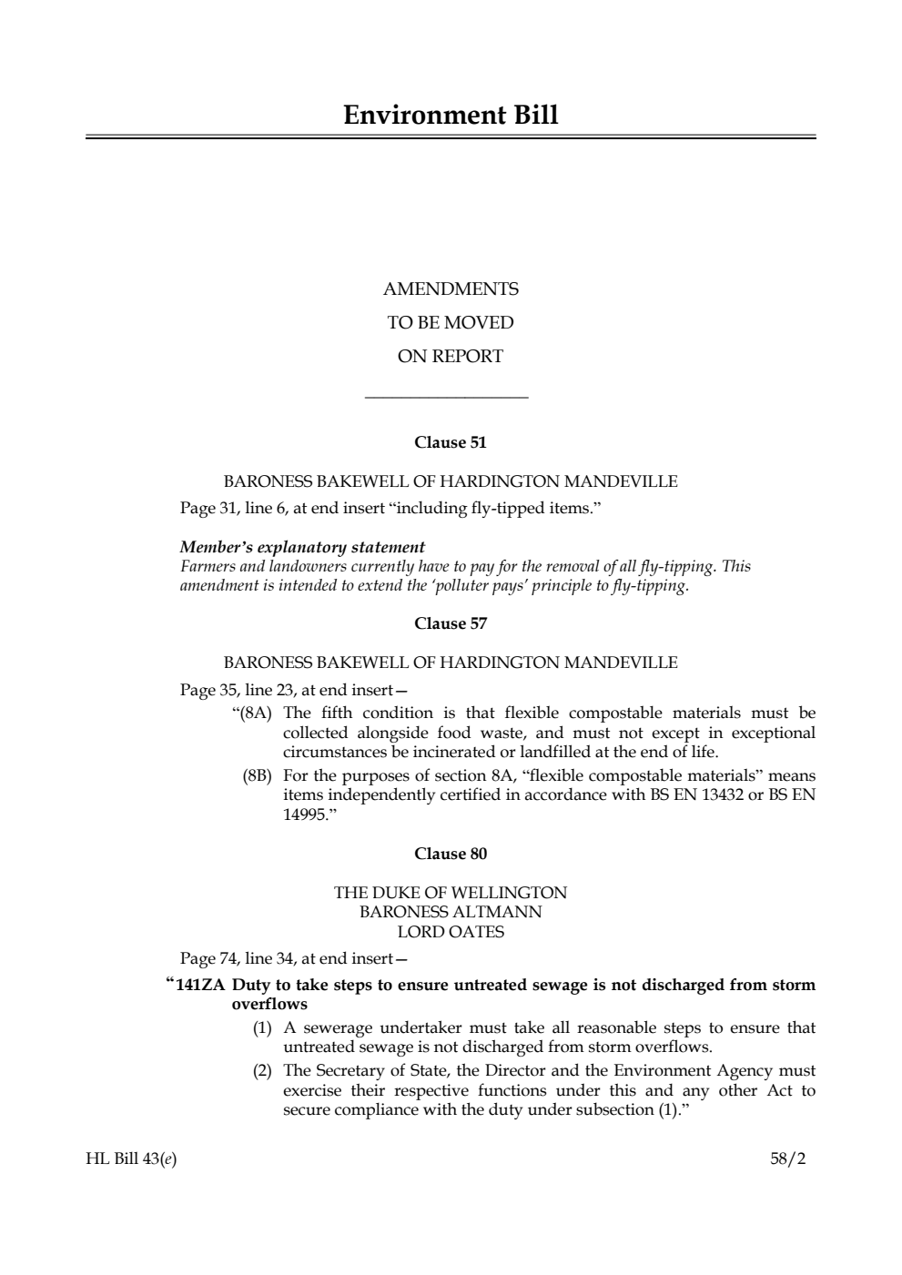 Environment Bill Amendments to be moved on Report