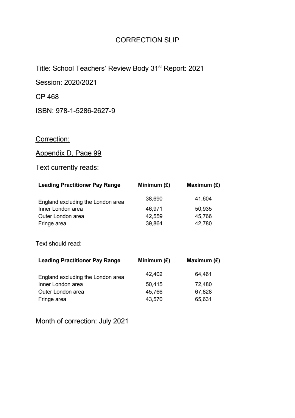 School Teachers’ Review Body Thirty-First Report – 2021. Correction Slip, July 2021