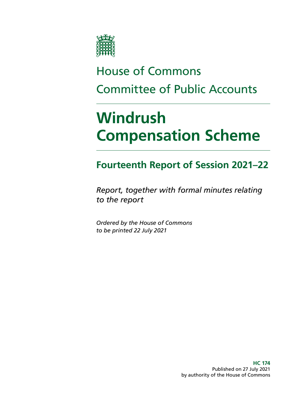 Public Accounts Committee 14th Report. Windrush Compensation Scheme Volume 1. Report