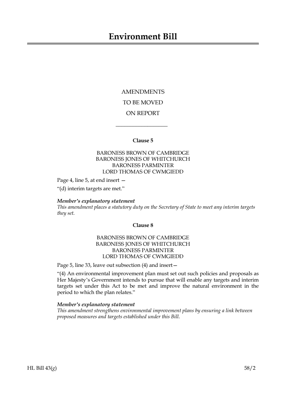 Environment Bill Amendments to be moved on Report