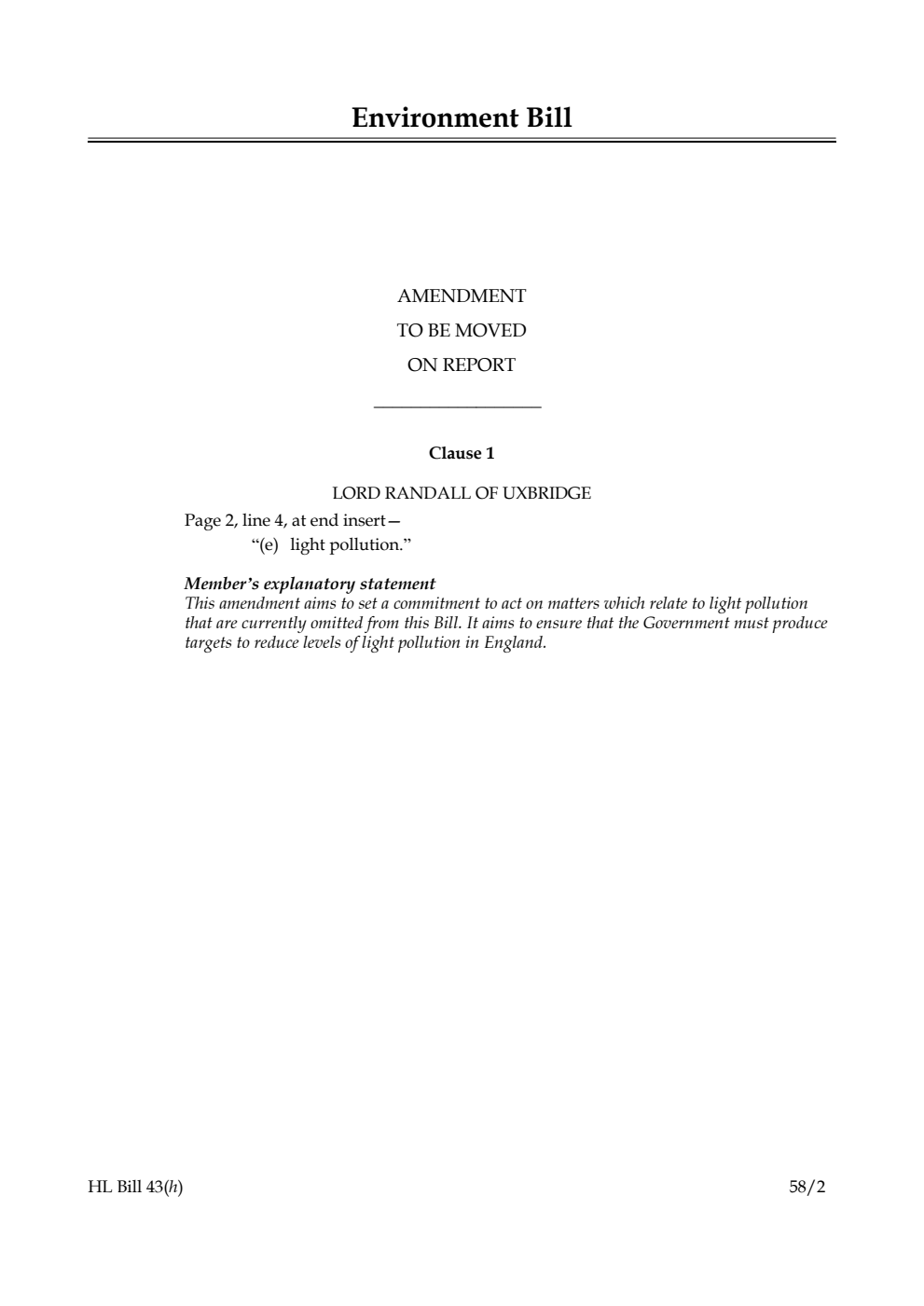 Environment Bill Amendment to be moved on Report