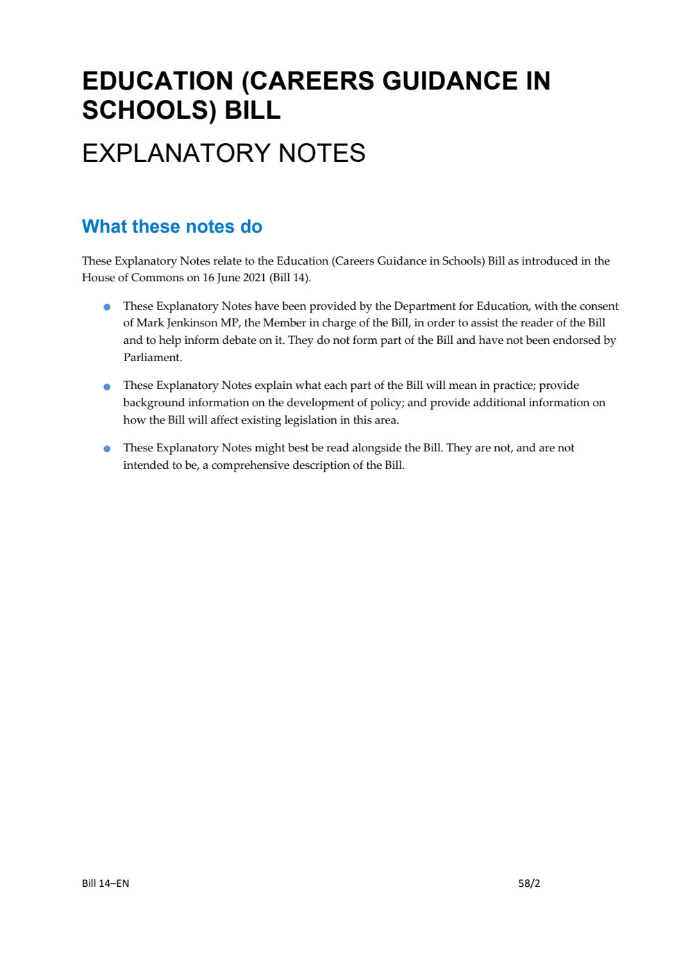 Education (Careers Guidance in Schools) Bill Explanatory Notes