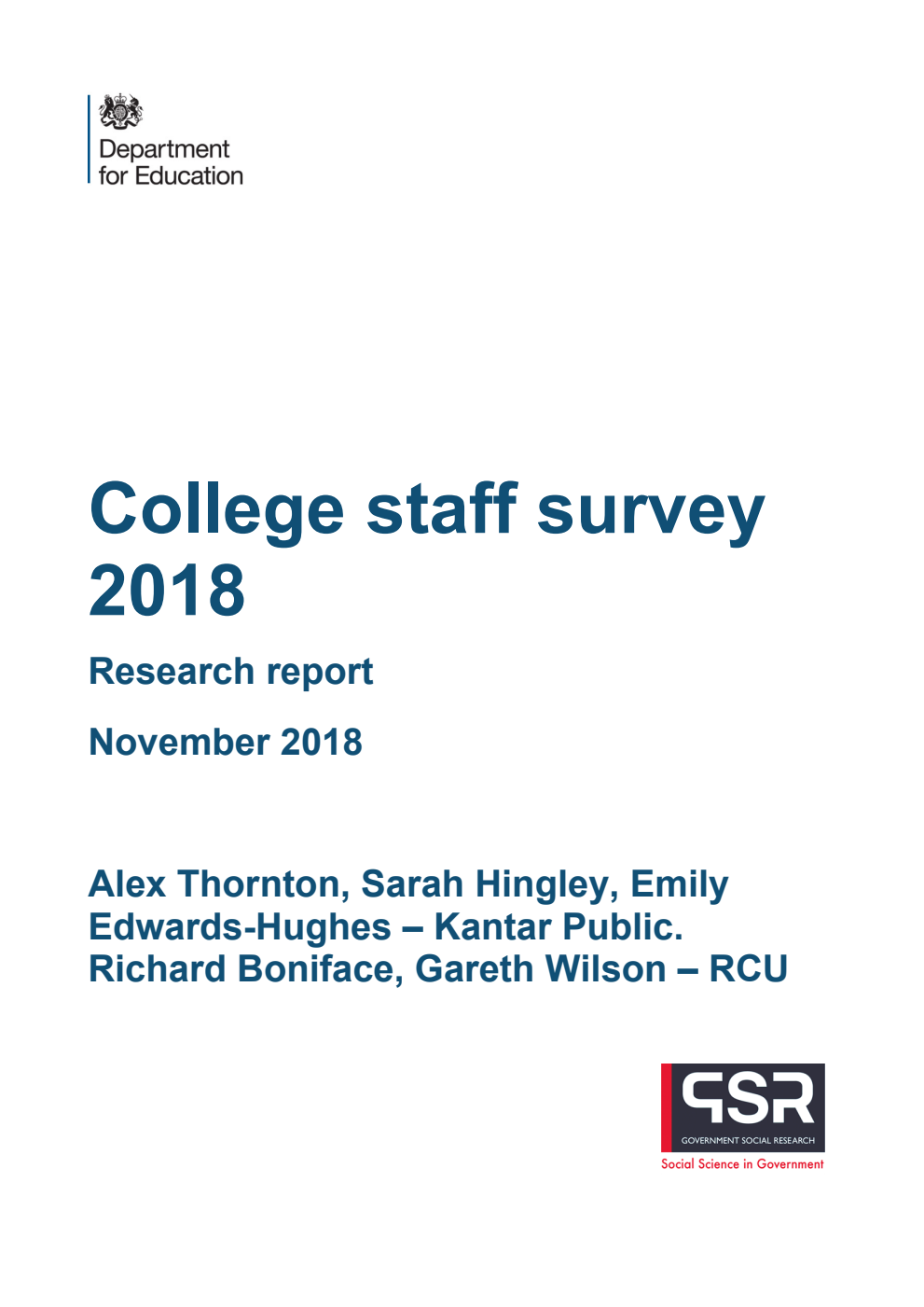 DFE-RR870 College staff survey 2018. Research report. November 2018