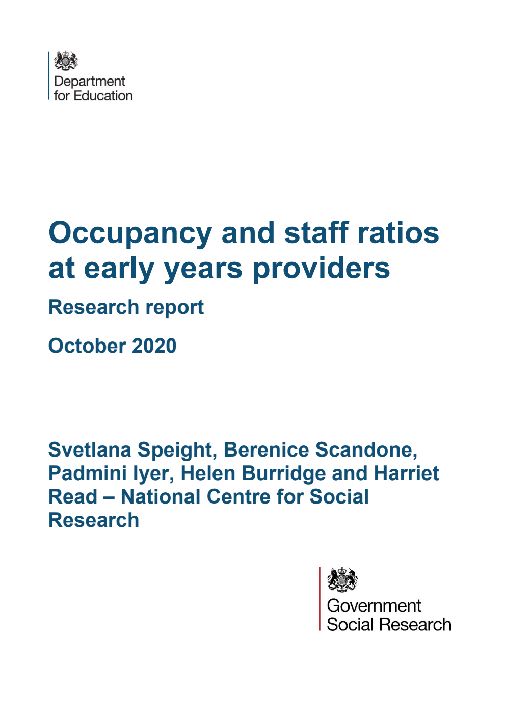 DFE-RR1011 Occupancy and staff ratios at early years providers. Research report. October 2020