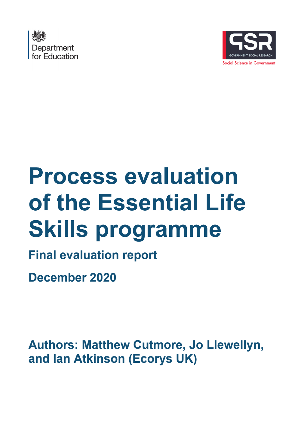 DFE-RR1082 Process evaluation of the Essential Life Skills programme. Final evaluation report. December 2020