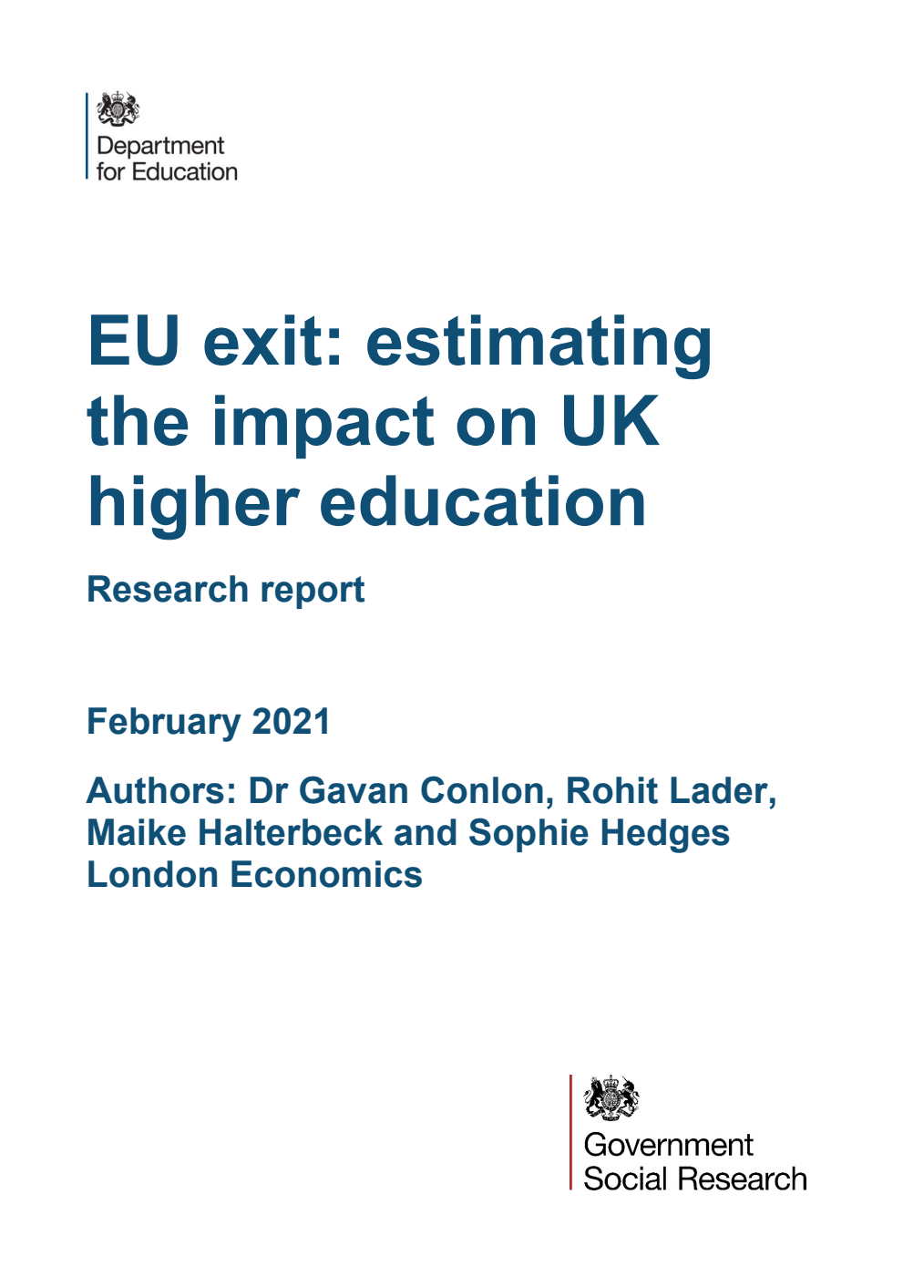 DFE-RR1093 EU exit: estimating the impact on UK higher education. Research report. February 2021