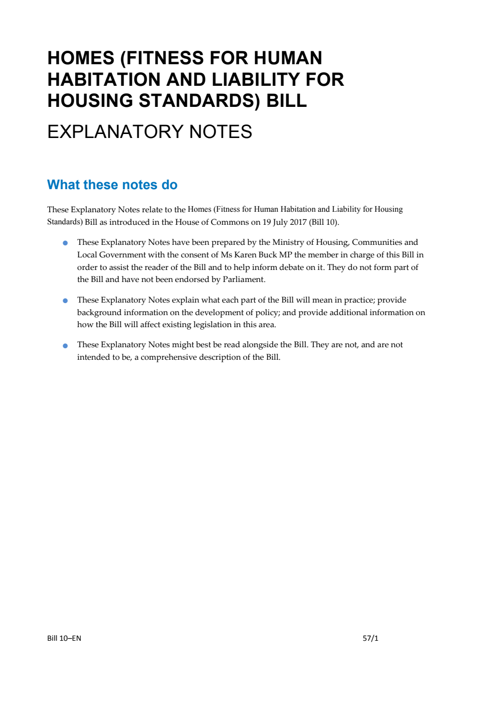 Homes (Fitness for Human Habitation and Liability for Housing Standards) Bill Explanatory Notes