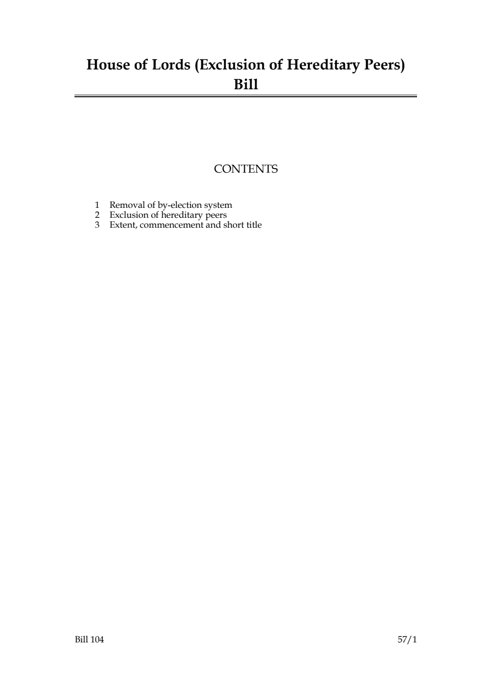 House of Lords (Exclusion of Hereditary Peers) Bill