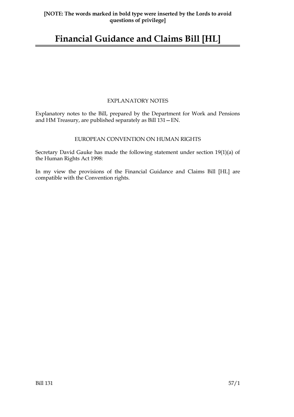 Financial Guidance and Claims Bill