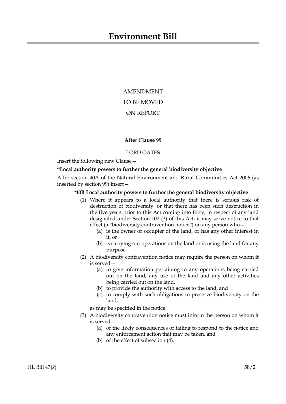 Environment Bill Amendment to be moved on Report