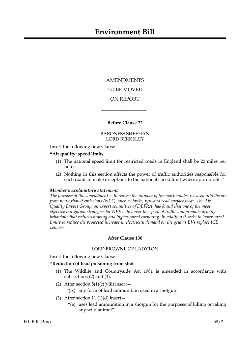 Environment Bill Amendments to be moved on Report