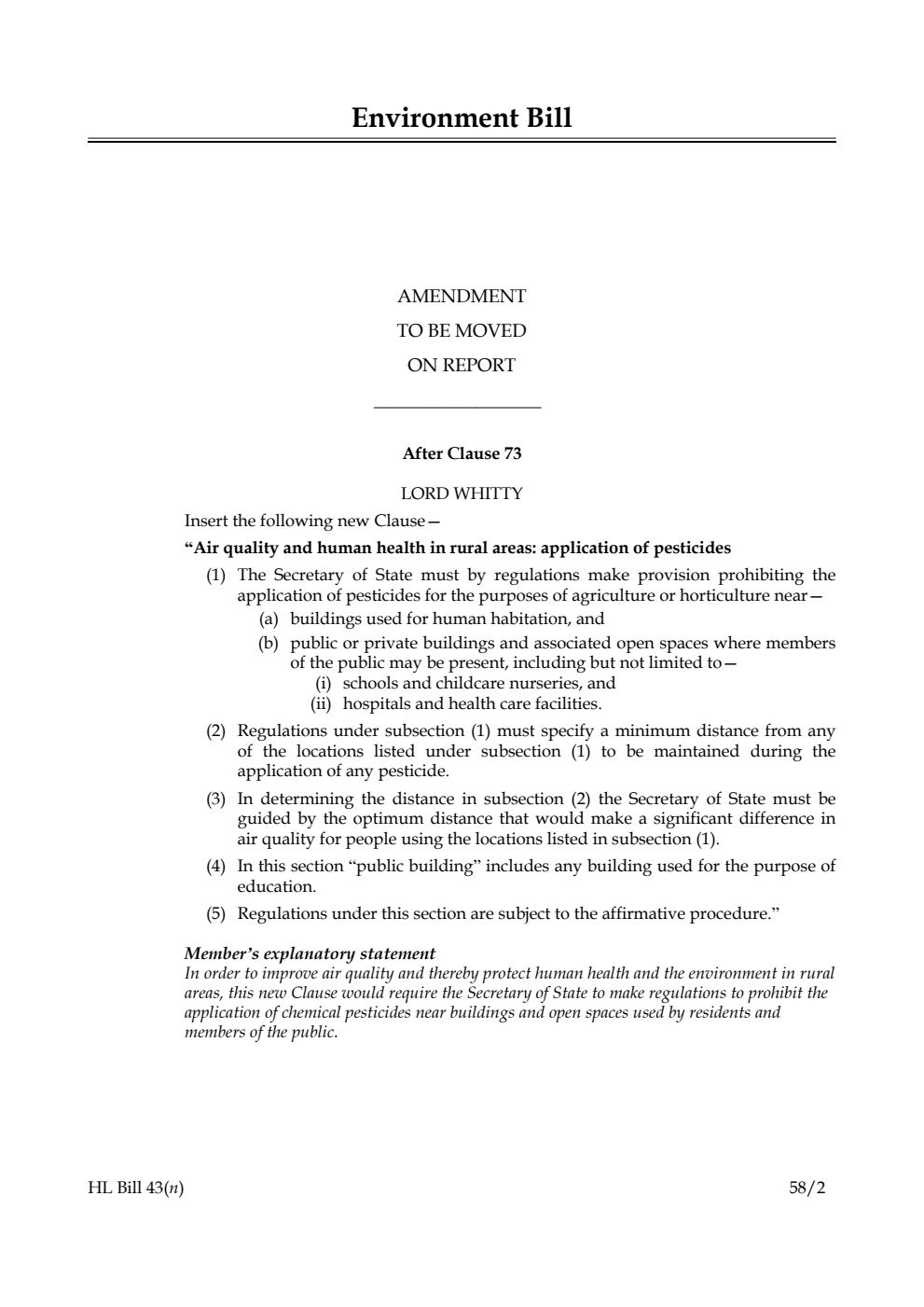 Environment Bill Amendment to be moved on Report