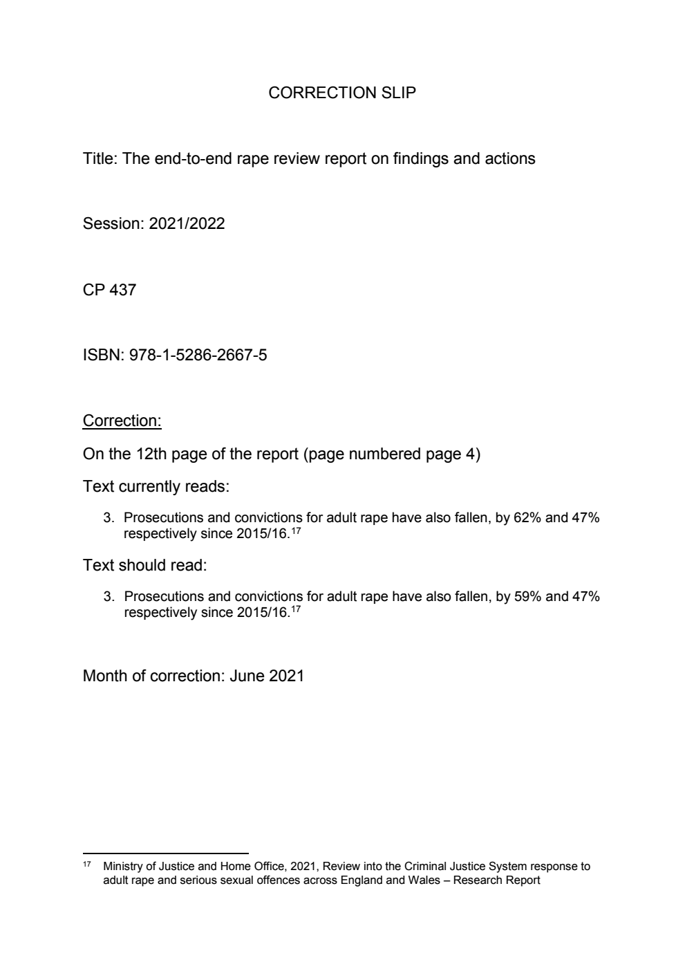 The end-to-end rape review report on findings and actions. Correction Slip, June 2021