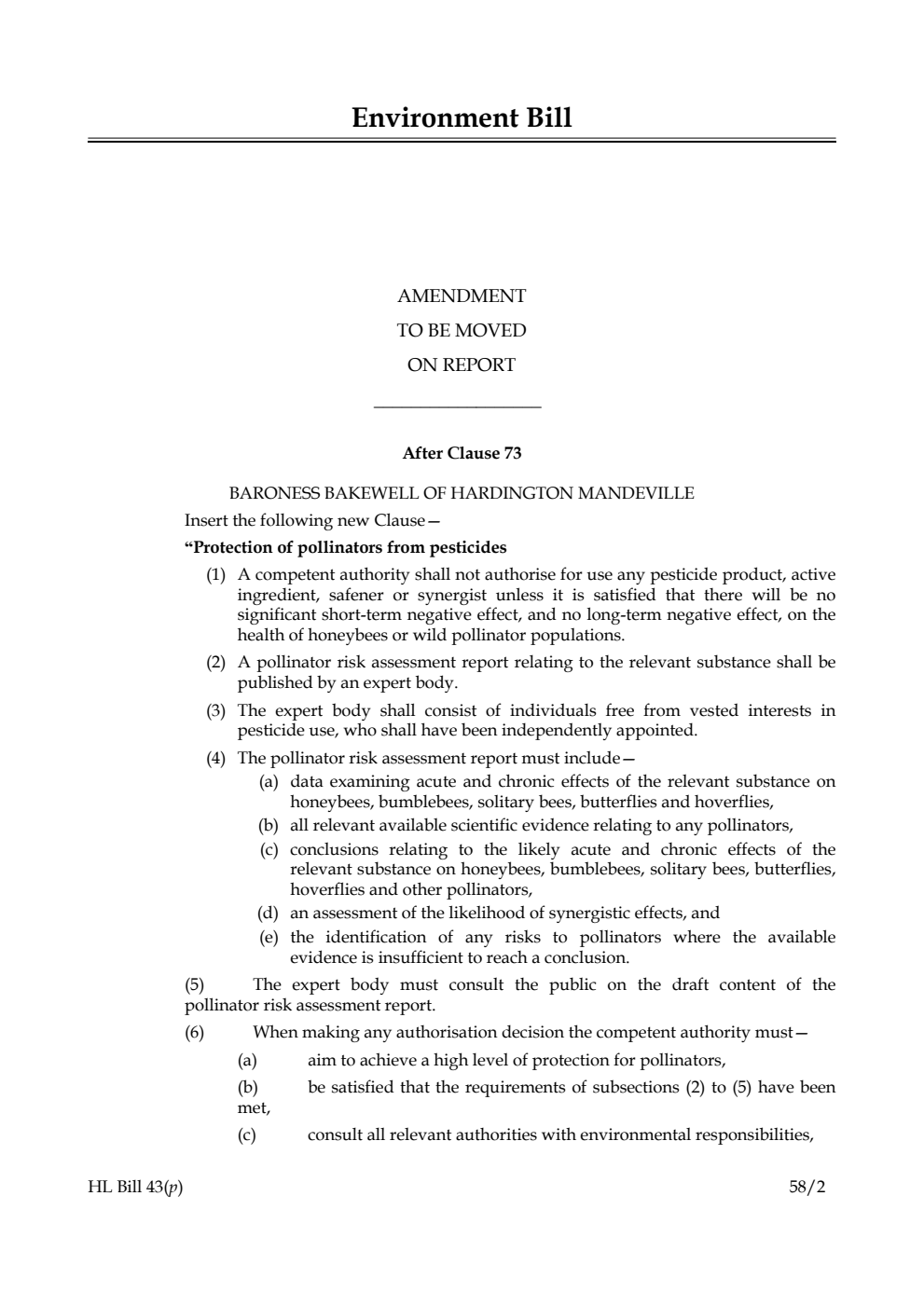 Environment Bill Amendment to be moved on Report