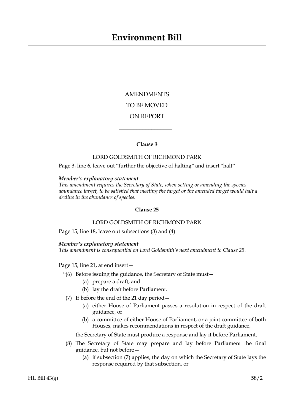 Environment Bill Amendments to be moved on Report