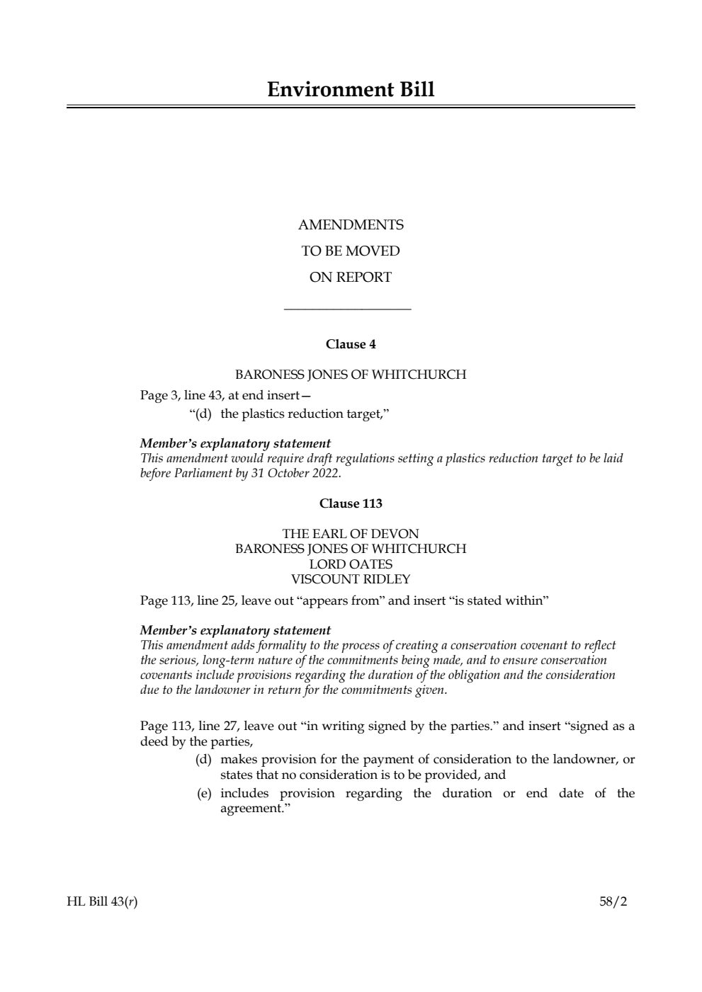 Environment Bill Amendments to be moved on Report