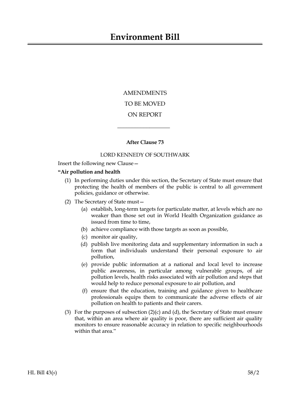 Environment Bill Amendments to be moved on Report