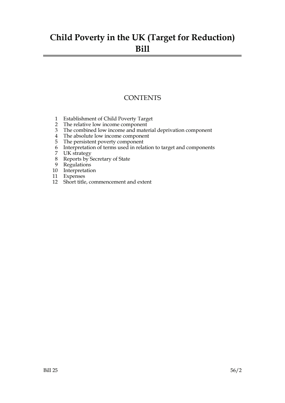 Child Poverty in the UK (Target for Reduction) Bill