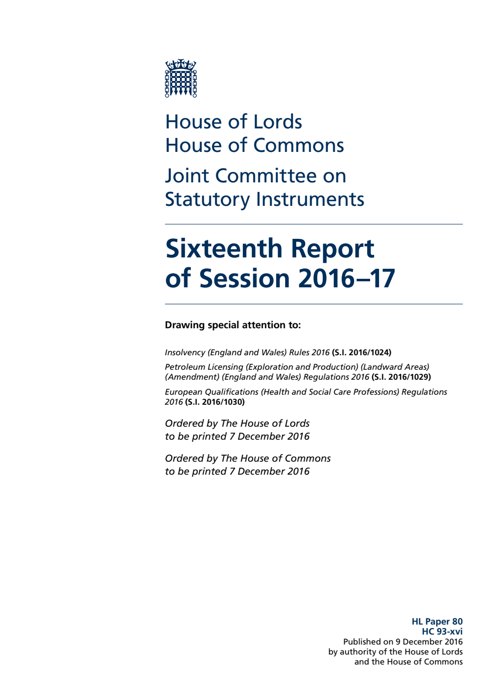 Statutory Instruments Joint Committee 16th Report of Session 2016-17