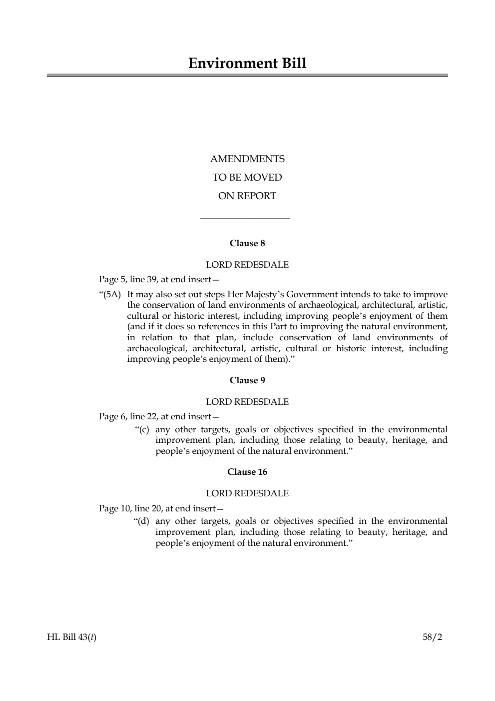 Environment Bill Amendments to be moved on Report