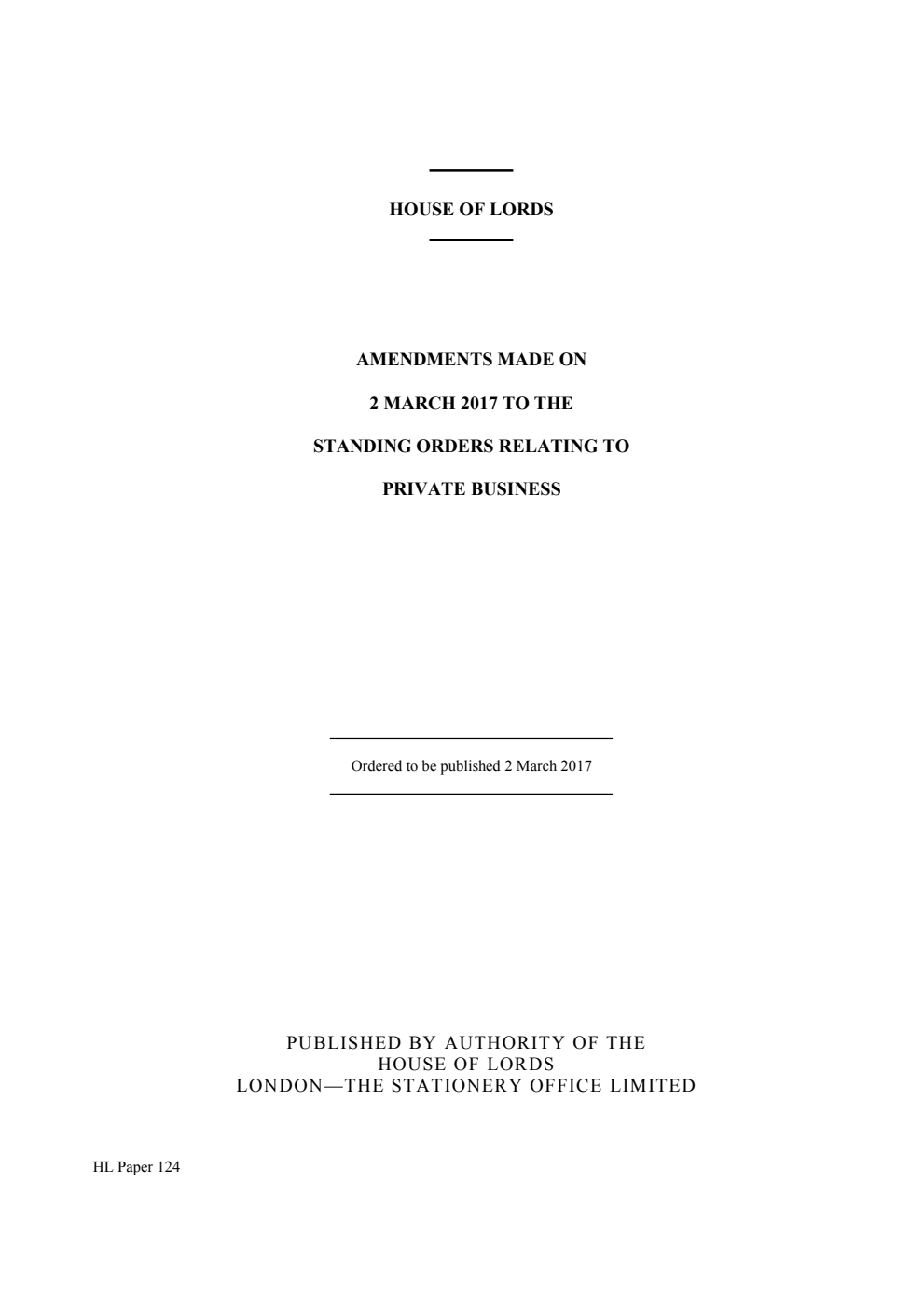 Amendments made on 2 March 2017 to the Standing Orders relating to Private Business