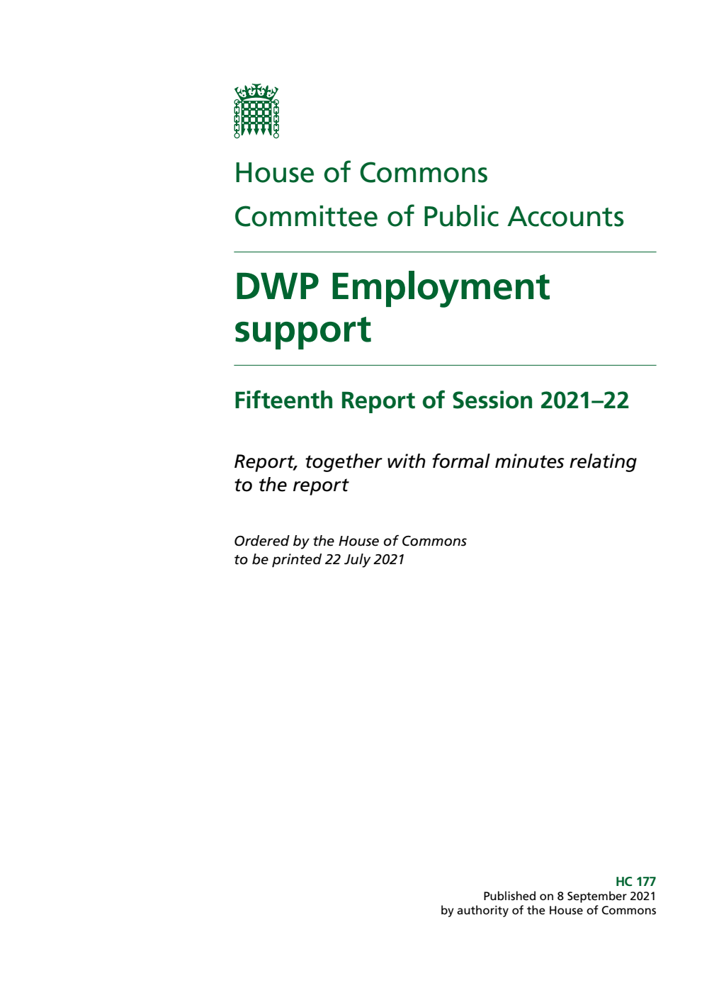 Public Accounts Committee 15th Report. DWP Employment support Volume 1. Report