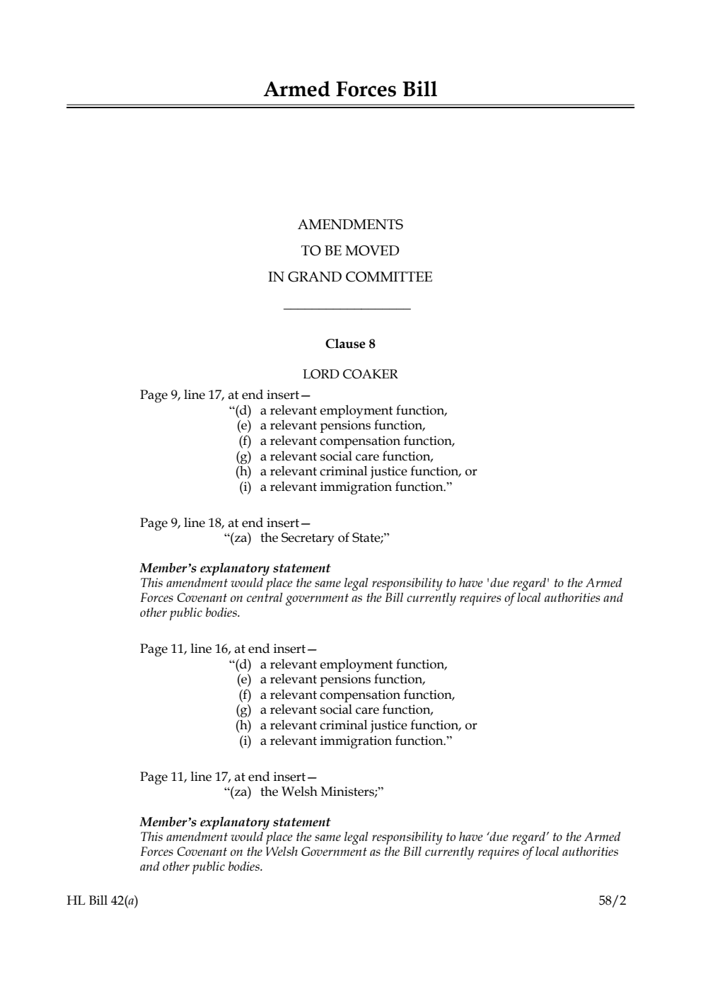 Armed Forces Bill Amendments to be moved in Grand Committee