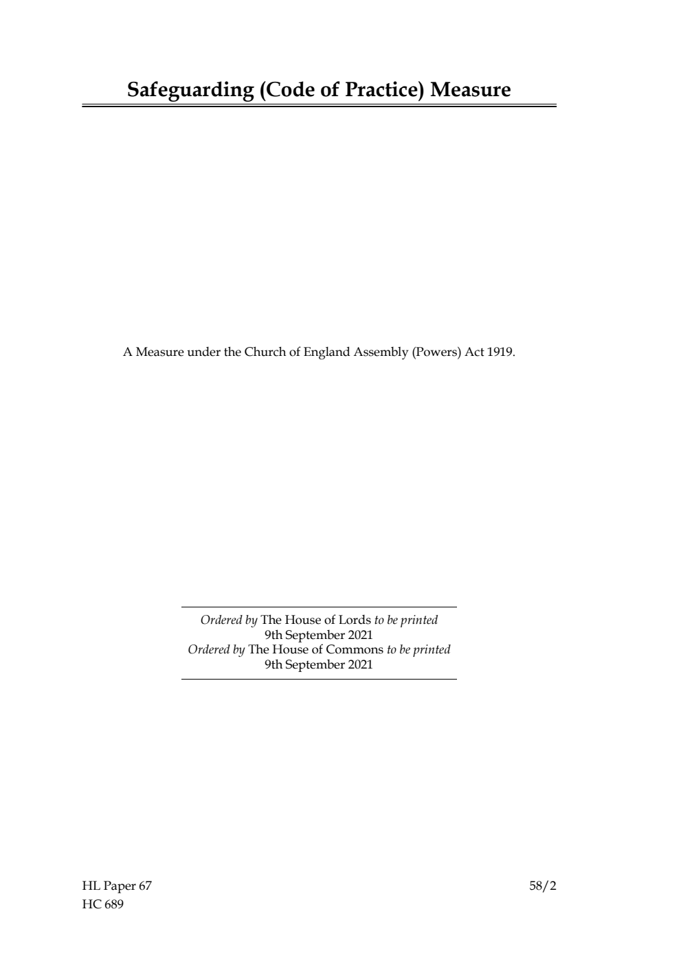 Ecclesiastical Committee. Safeguarding (Code of Practice) Measure. A Measure under the Church of England Assembly (Powers) Act 1919