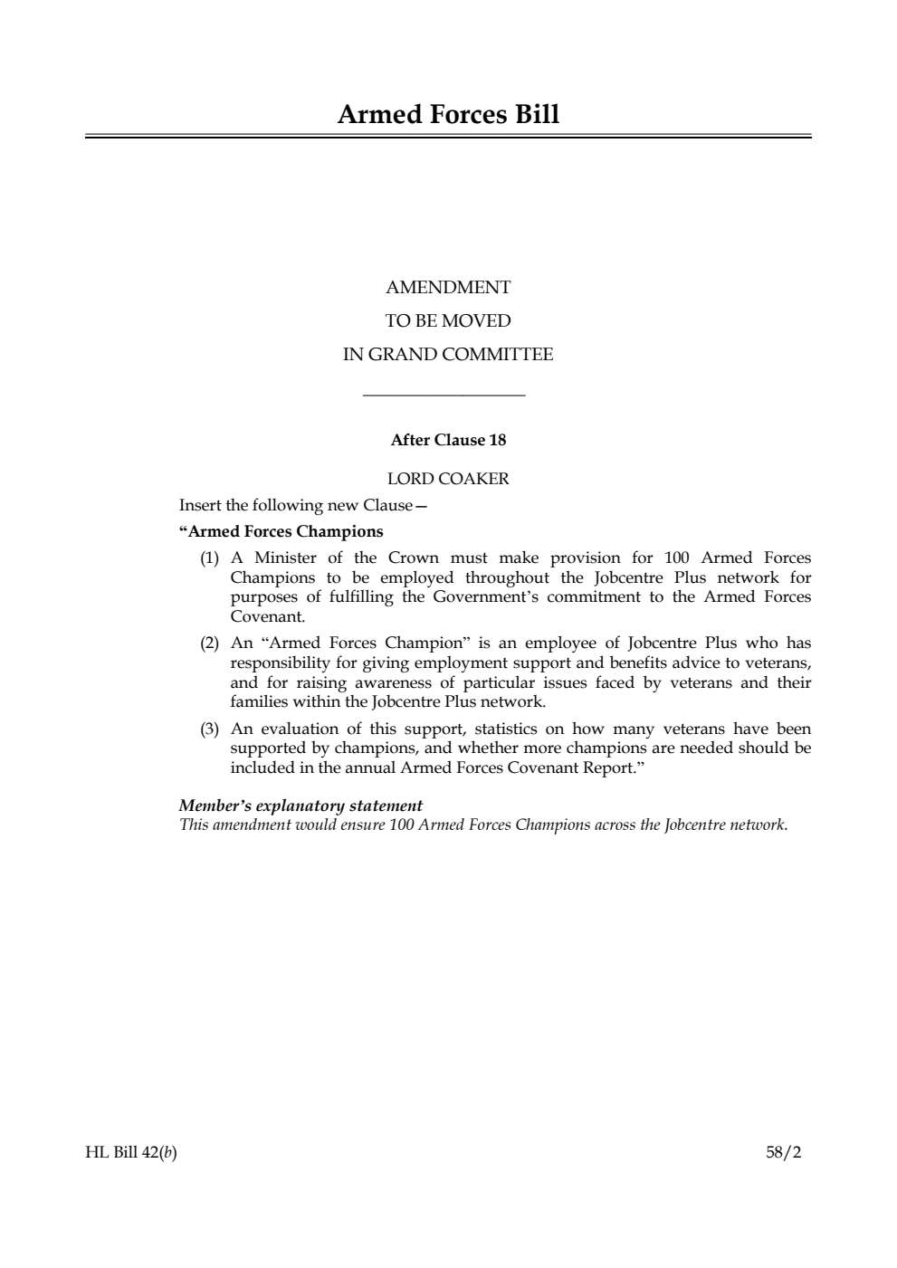 Armed Forces Bill Amendment to be moved in Grand Committee