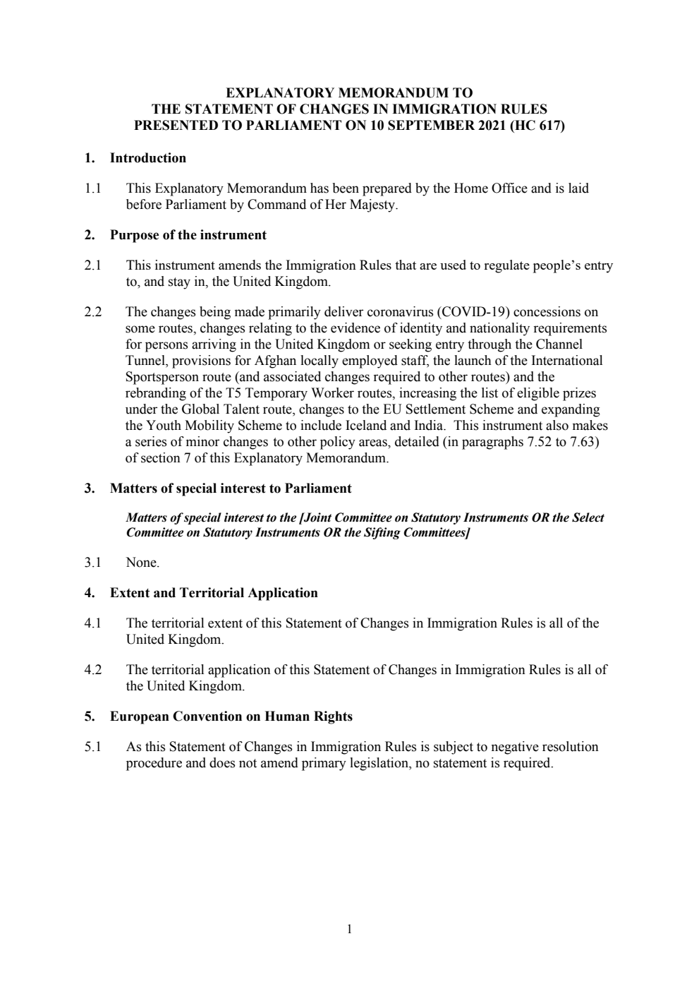 Explanatory Memorandum to the Statement of Changes in Immigration Rules