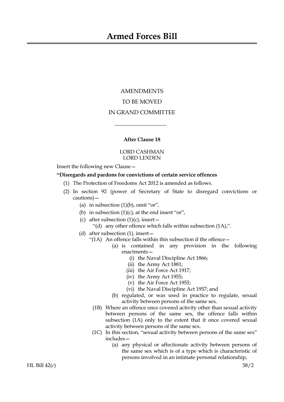 Armed Forces Bill Amendments to be moved in Grand Committee