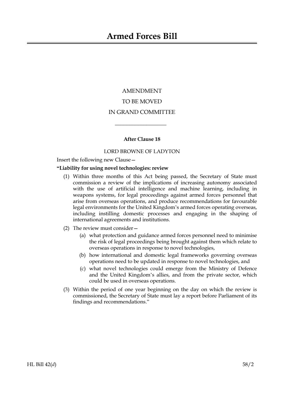 Armed Forces Bill Amendment to be moved in Grand Committee