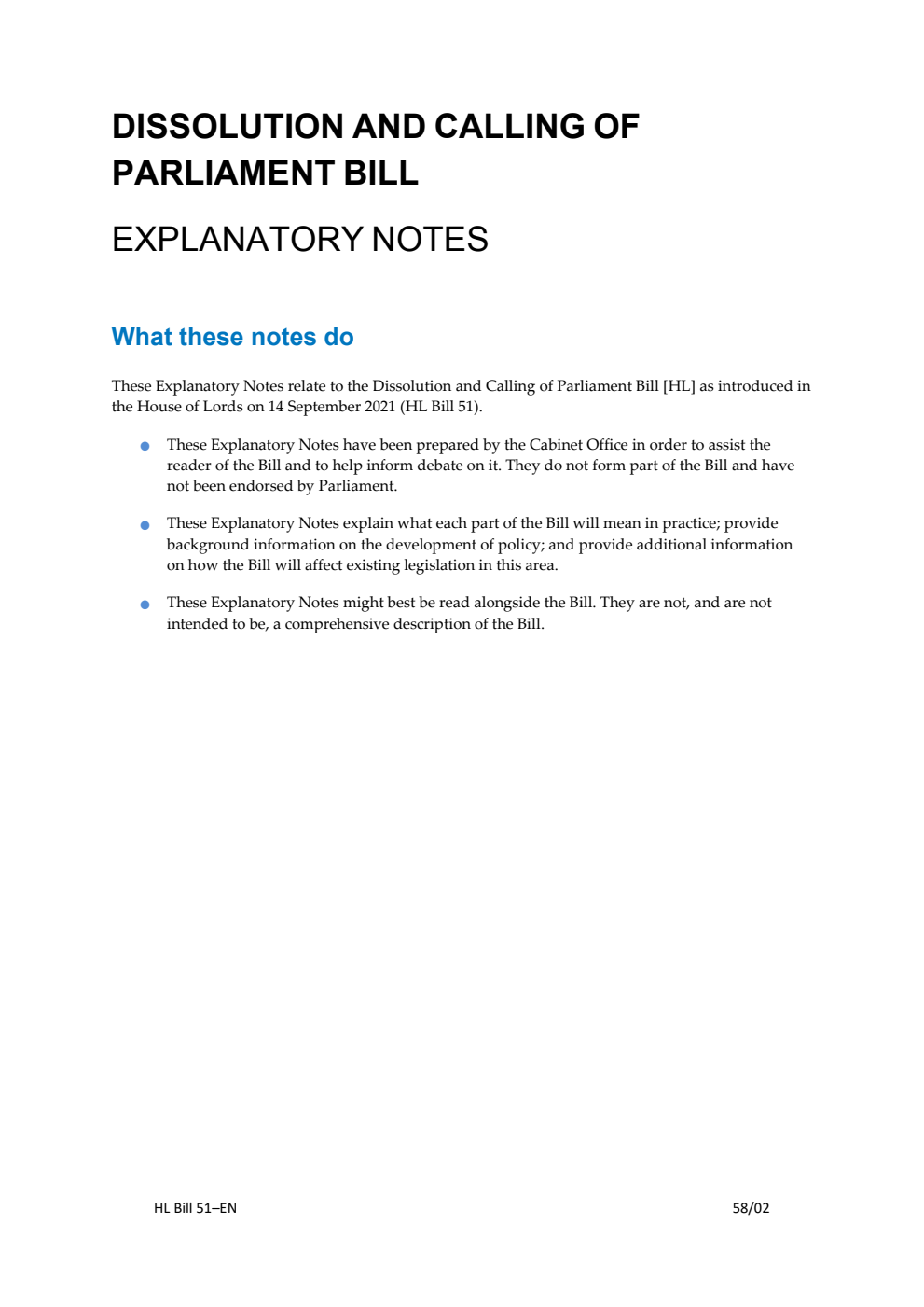 Dissolution and Calling of Parliament Bill Explanatory Notes